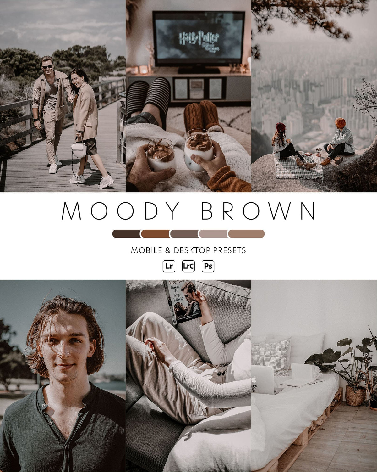 Moody Brown Lightroom presets applied to portraits, interiors and travel photos, showing muted earthy colours