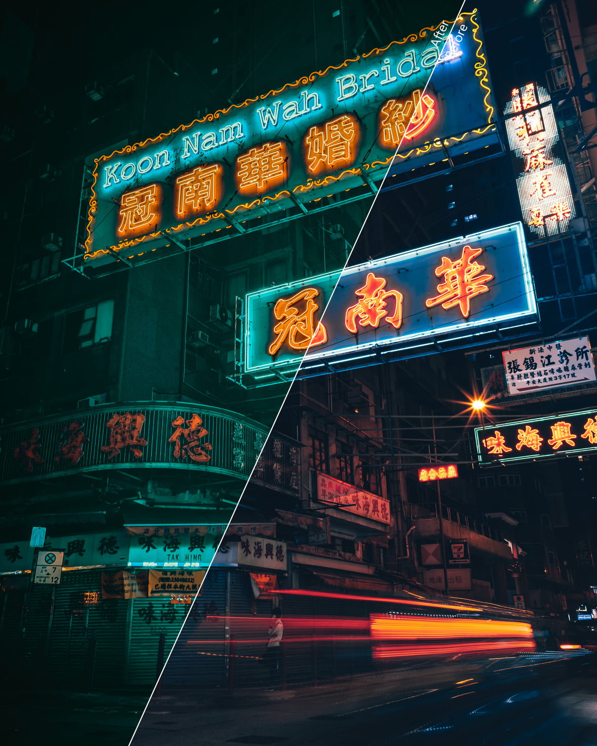 Before and after comparison of a photo showing a city street at night edited with the teal and orange night preset