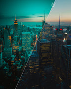 Diagonally split before and after comparison of a neon-lit city skyline edited with teal and orange tones