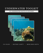Cover image for underwater toolkit for photo editing in Lightroom with coral reef image on a black background