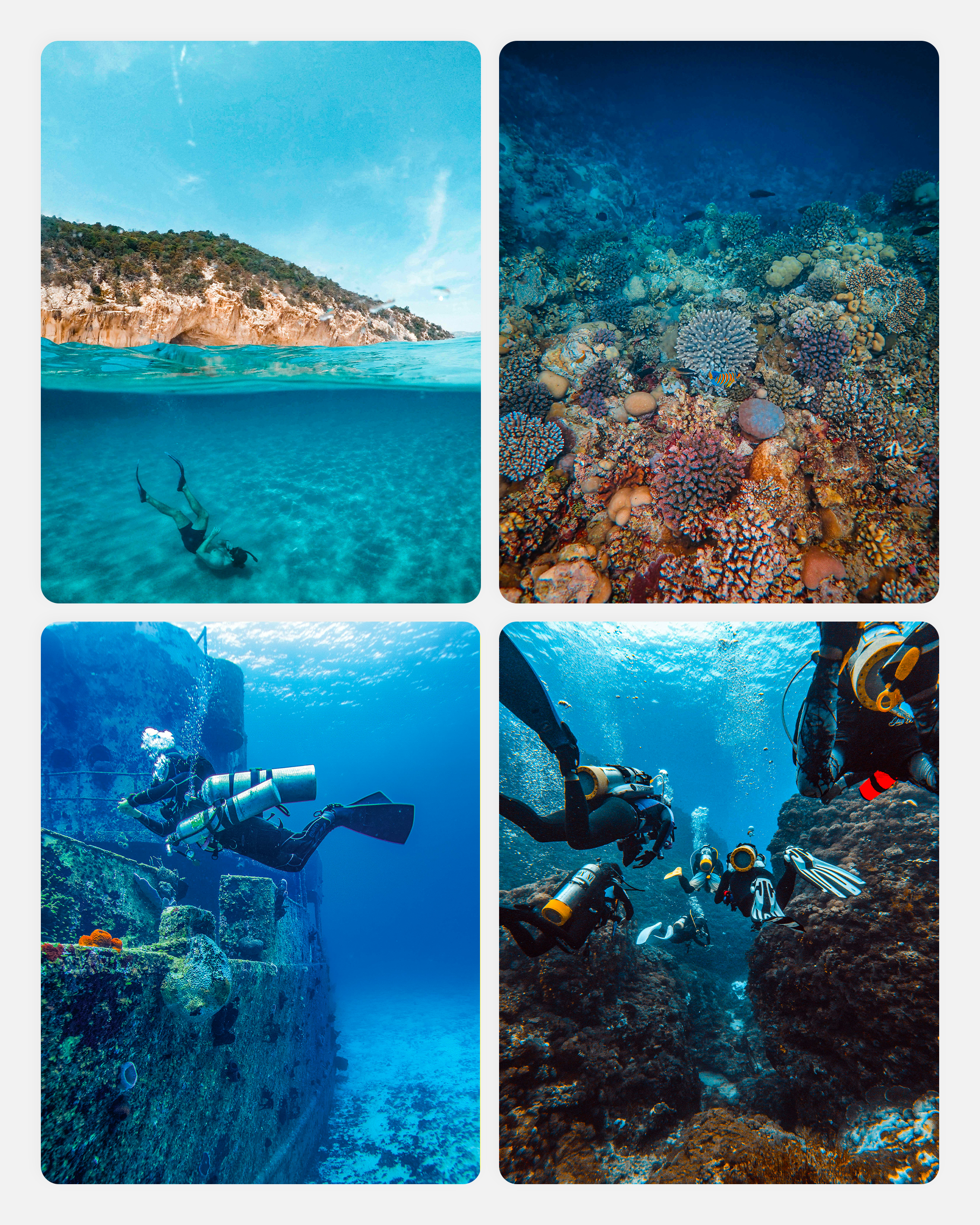 Collage of underwater scenes including divers, coral reefs, and sunken structures, all edited with the lightroom presets included in the underwater toolkit