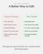 Comparison chart between typical presets and a better editing toolkit for underwater photography.