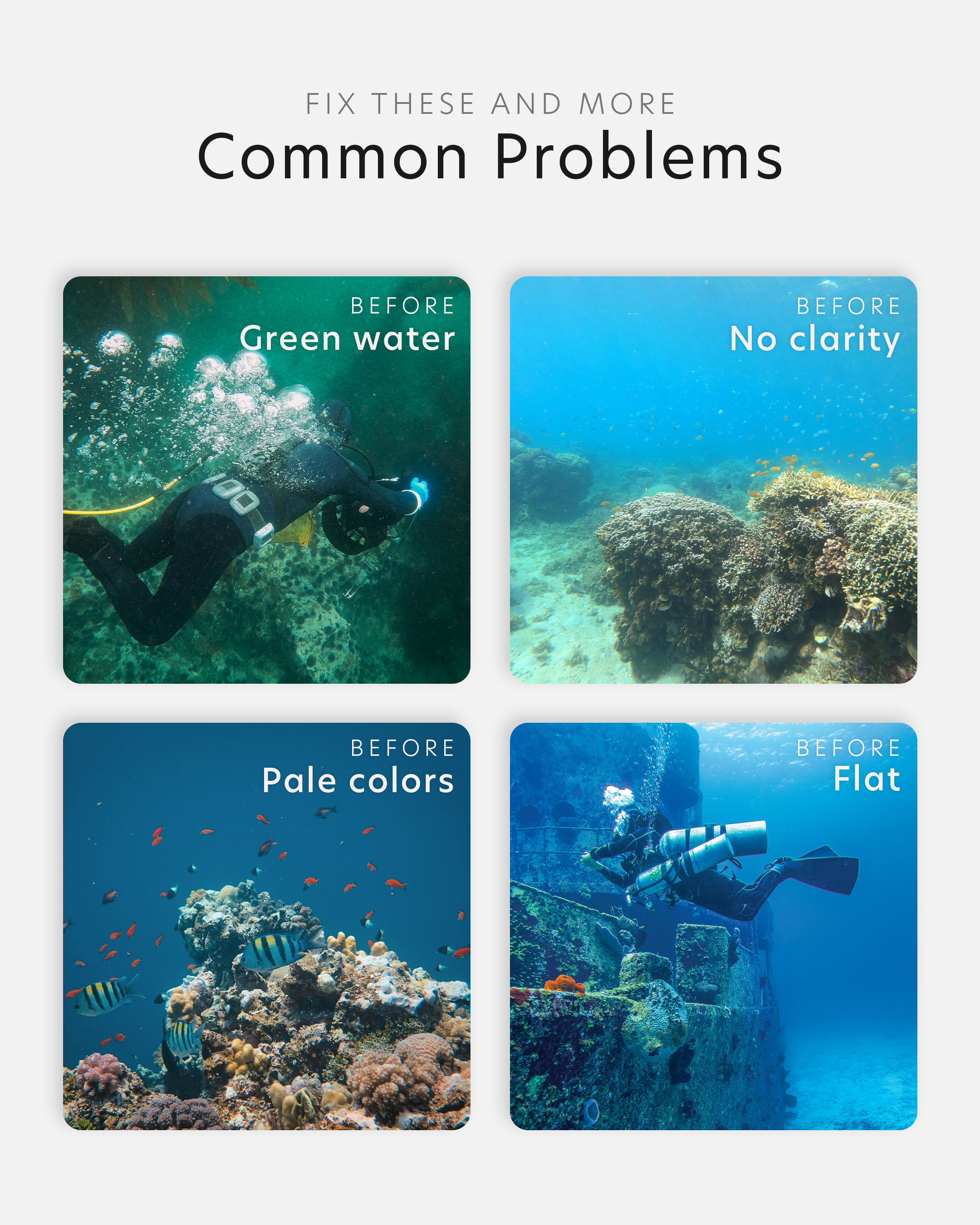a demonstration of common underwater photography issues the underwater preset toolkit solves