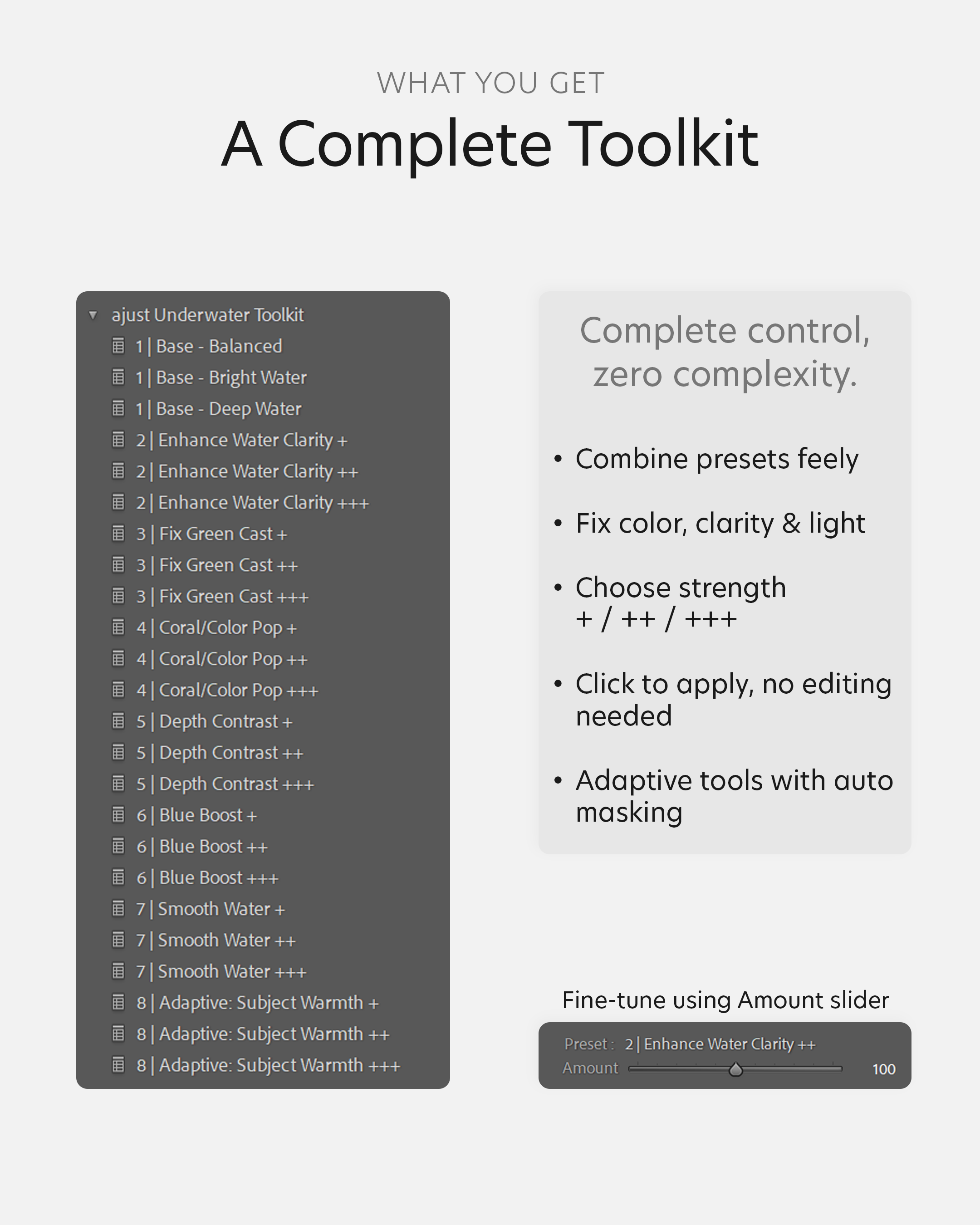 a screenshot of the lightroom user interface showing what presets are included in the underwater toolkit