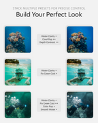 a demonstration of how the lightroom presets in the underwater toolkit can be stacked to solve multiple problems at once, with before and after shots