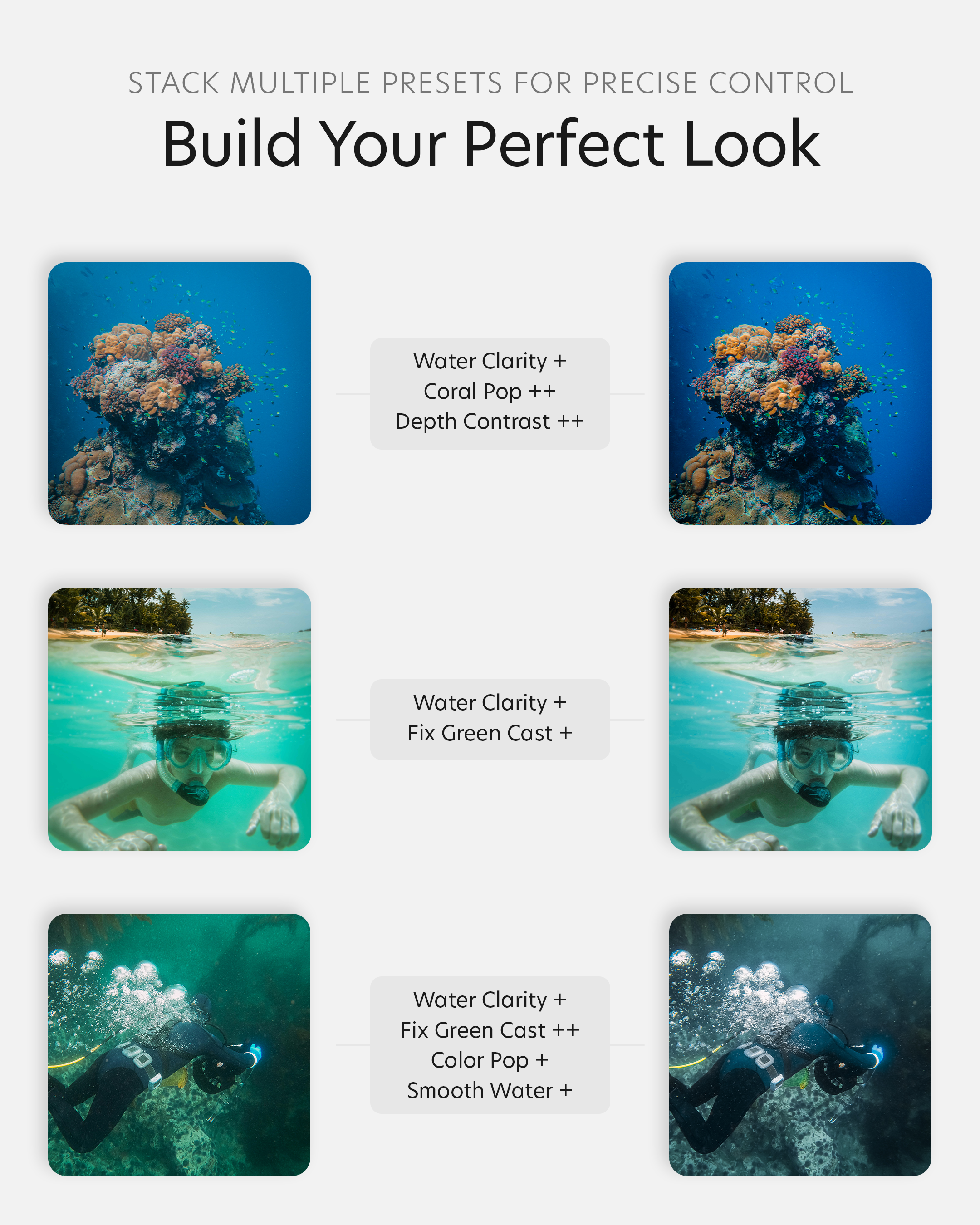 a demonstration of how the lightroom presets in the underwater toolkit can be stacked to solve multiple problems at once, with before and after shots