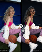 Before-and-after portrait of a woman with a basketball, showing deeper shadows and a darker, muted blue background