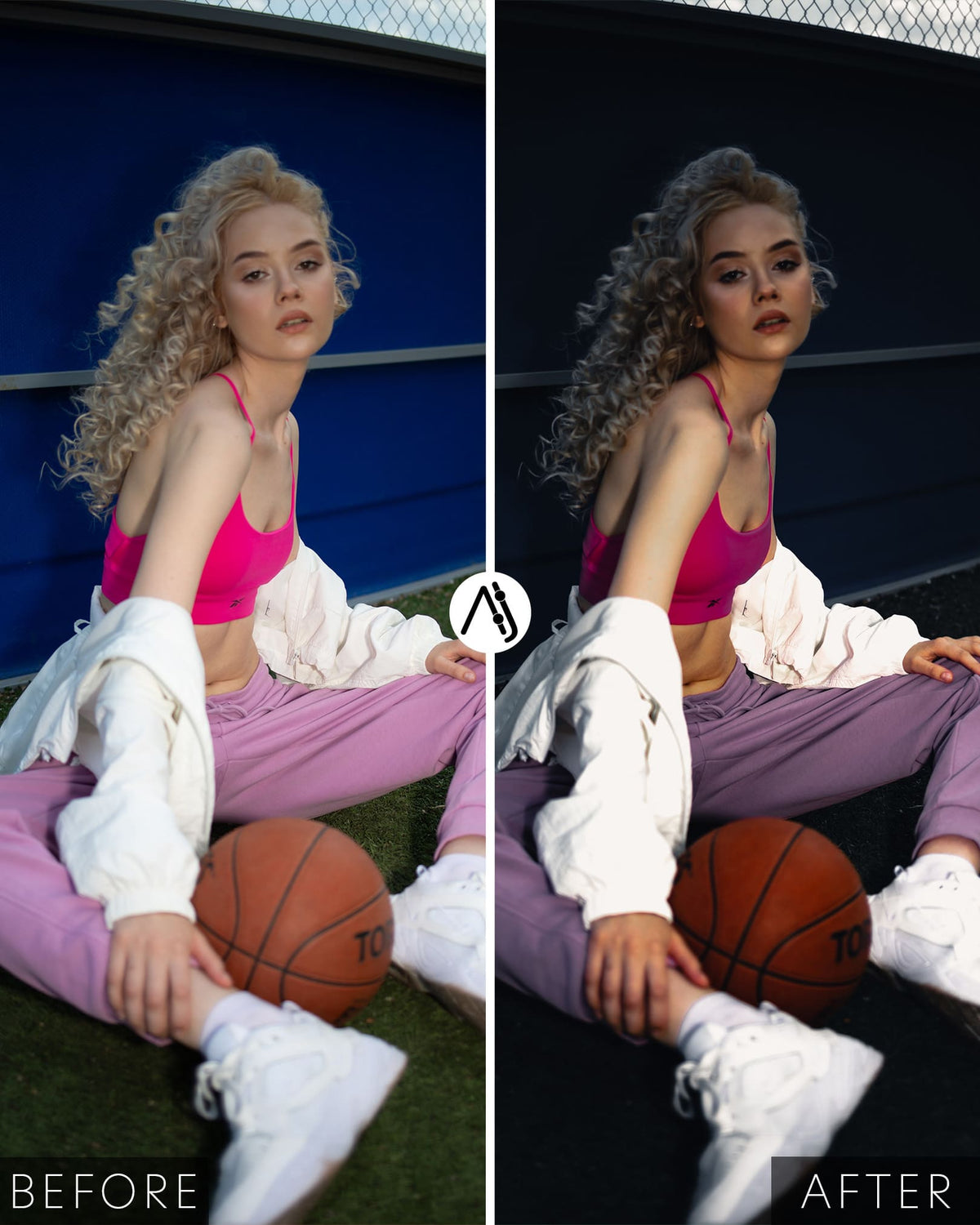 Before-and-after portrait of a woman with a basketball, showing deeper shadows and a darker, muted blue background