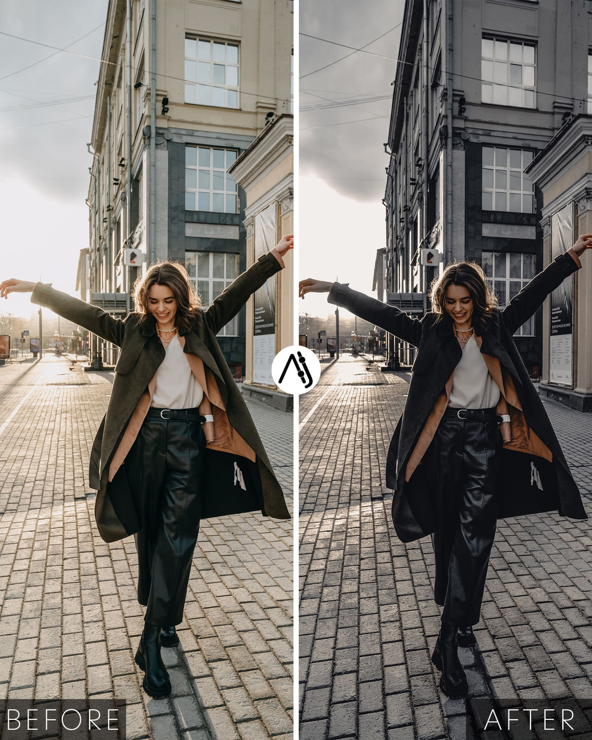 Before-and-after street portrait of a woman with outstretched arms, showing deeper shadows and desaturated buildings