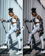 Before-and-after portrait of a woman in patterned sportswear beside a metal fence, with darker shadows and muted colours