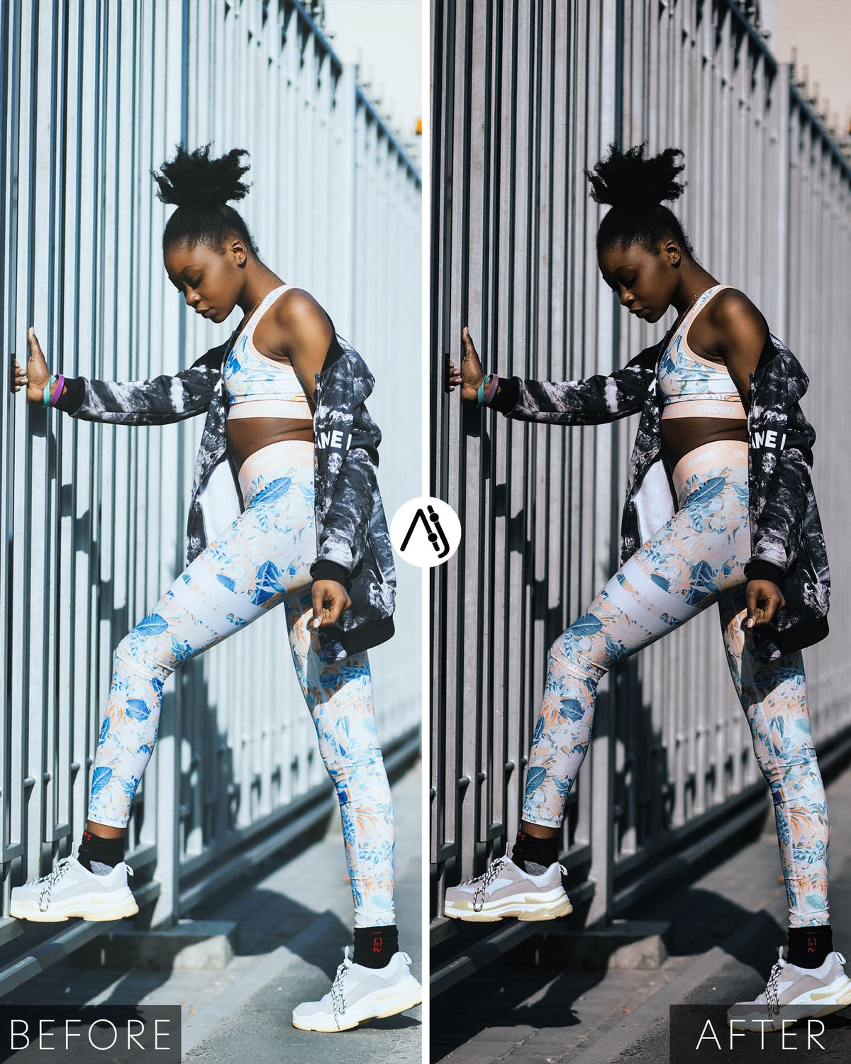 Before-and-after portrait of a woman in patterned sportswear beside a metal fence, with darker shadows and muted colours