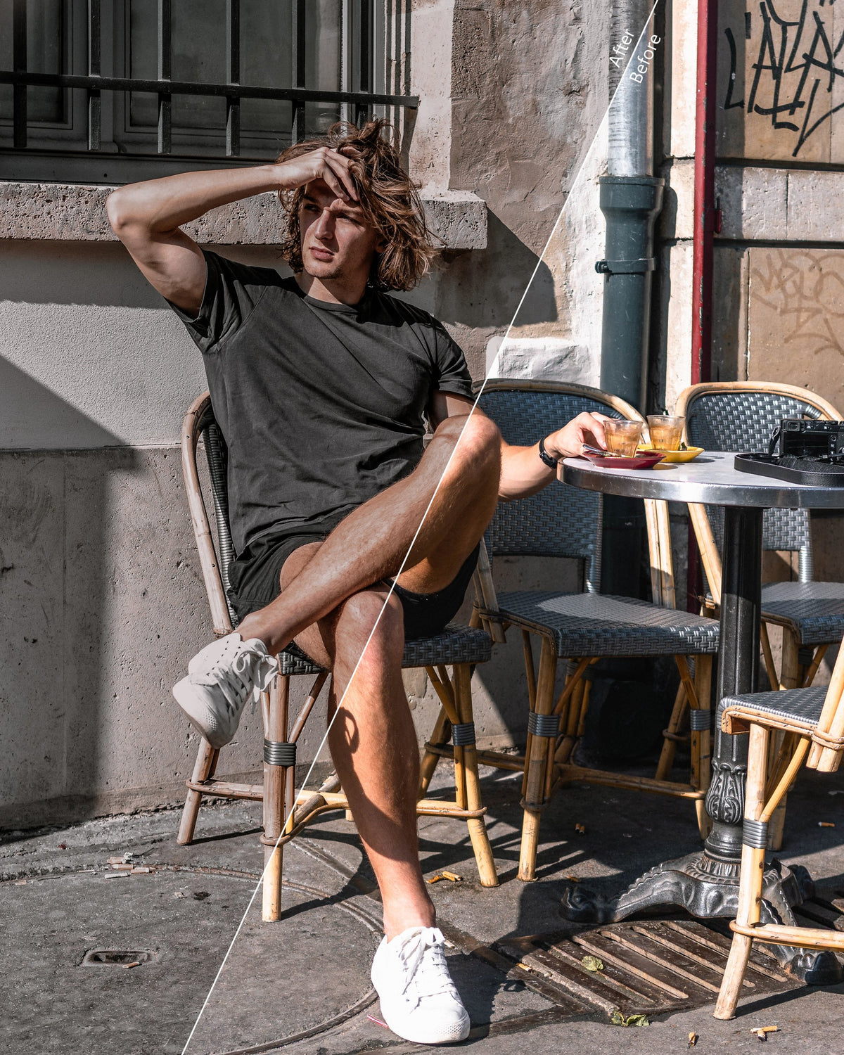 Before-and-after café portrait showing the subdued colours and brown tones of a Moody Brown preset
