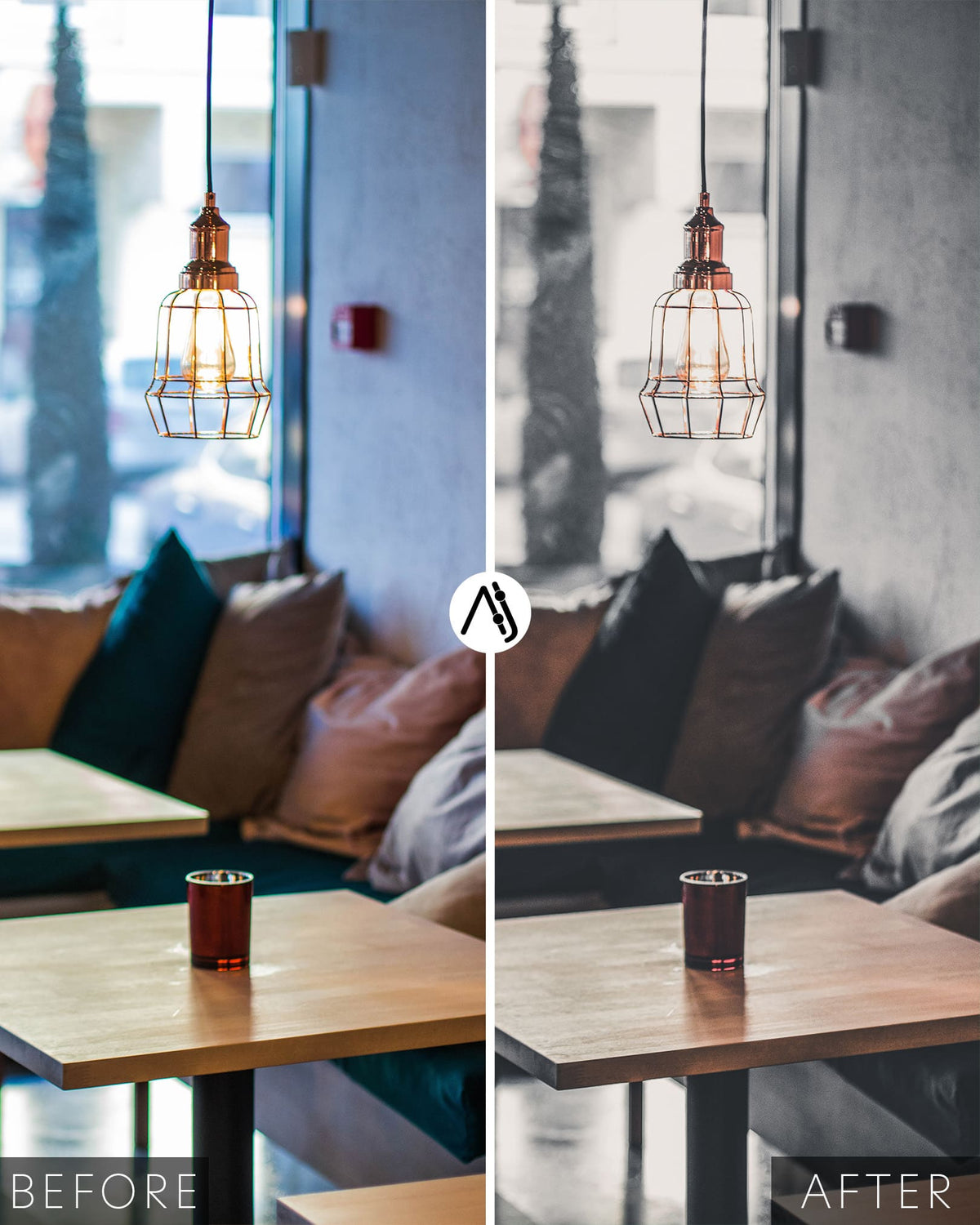 an unedited and edited photo of Interior with soft contrast and charcoal tones
