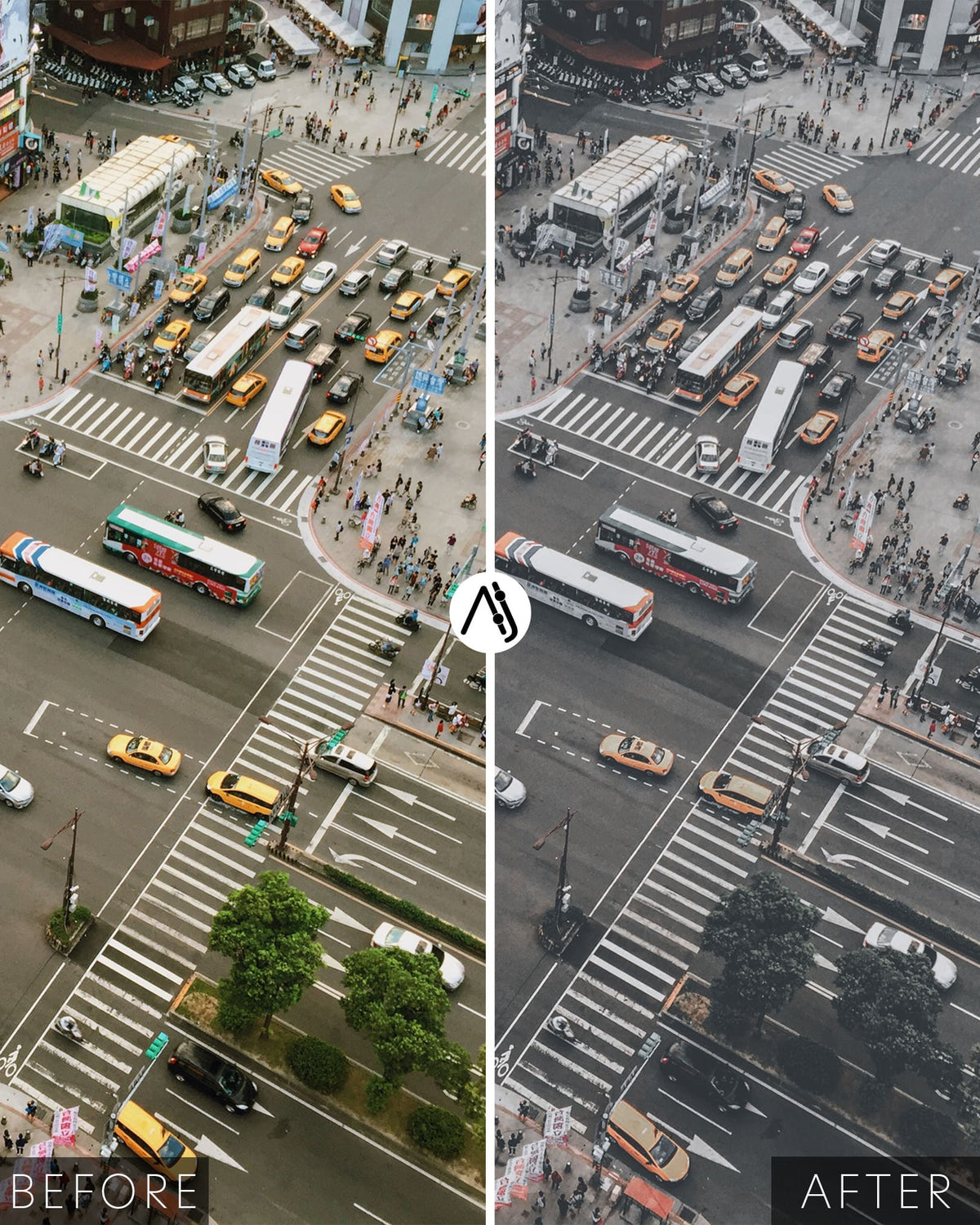cityscape photo before and after showing a crossing edited to a matte black look using lightroom presets and LUTs
