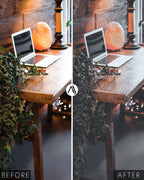 photo of a desk with a laptop and plant edited to a desaturated look with warm orange highlights compared to unedited version