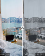 unedited vs edited with matte black presets and LUTs comparison of a view of the river and skyline with a laptop in the foreground