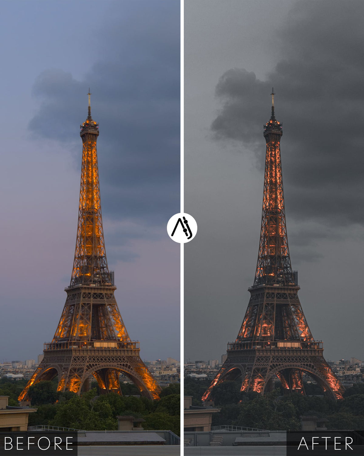 a before and after photo of the Eiffel Tower with muted colors and warm lights