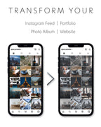 before and after of an instagram feed showing how matte black created a cohesive aesthetic